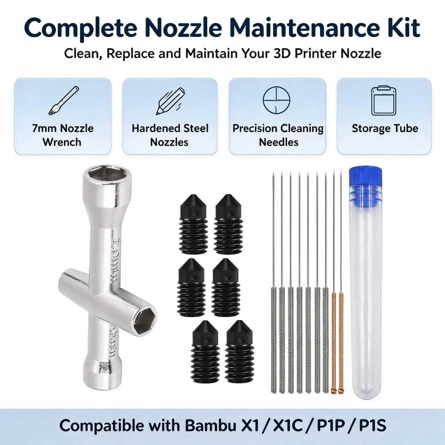 Hardened Steel Nozzle Kit 7mm Wrench Cleaning Needles for Bambu Lab X1 X1C P1P P1S 3D Printer Hotend Nozzle 0.2 0.4 0.6 0.8mm