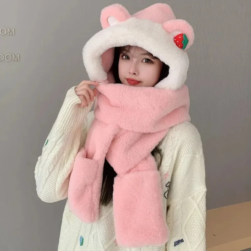 

Winter three-piece strawberry bear scarf hat cold-proof and warm bag head hat women's thermal gloves