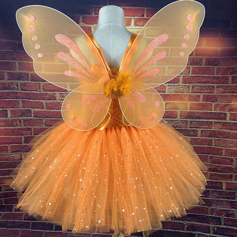 Girls Orange Glitter Tulle Dress Kid Butterfly Fairy Tutu Dresses with Wing Children Halloween Cosplay Costume