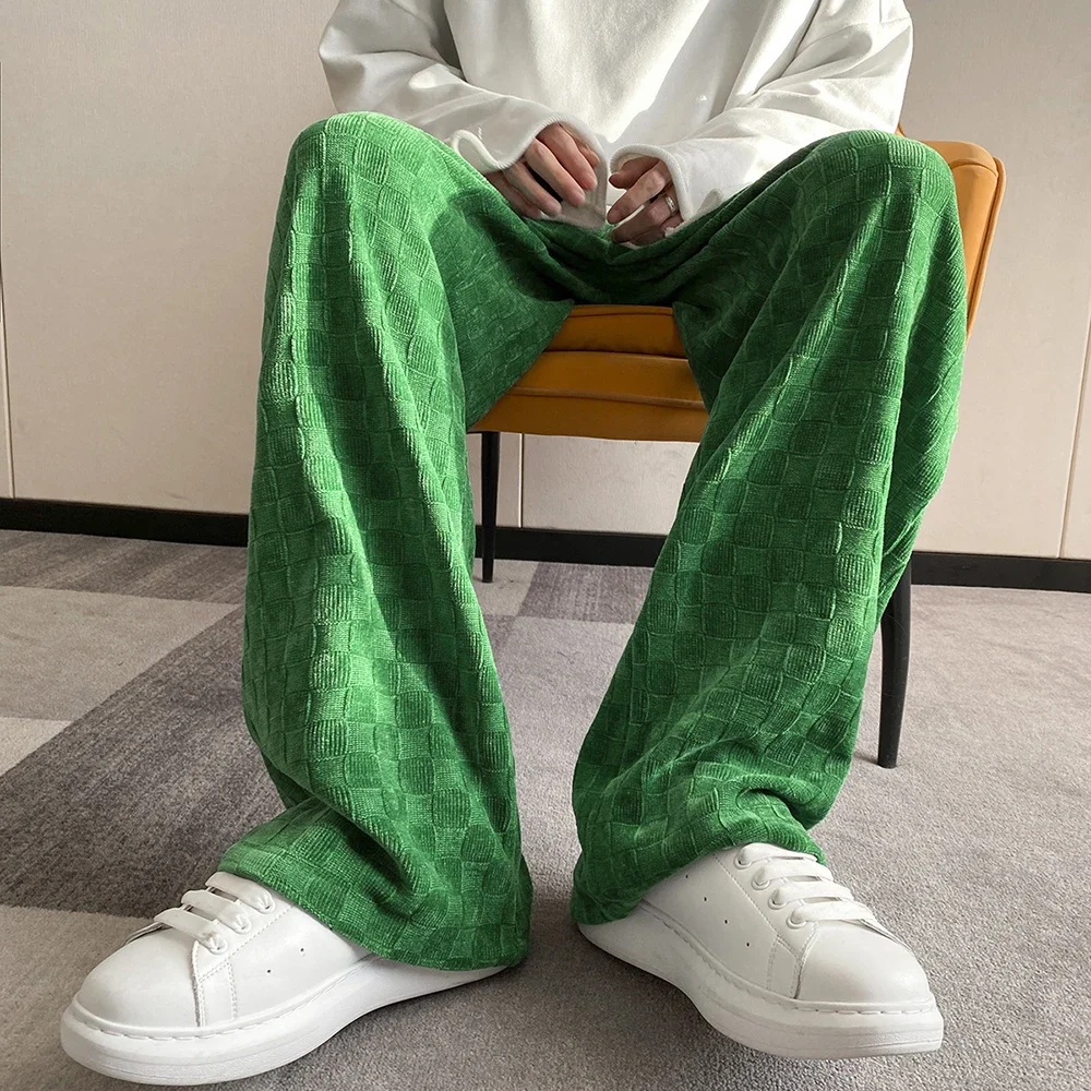 Mens Casual Street Corduroy Baggy Straight Pants 2024 New Fashion Checkerboard Simple Comfortable Floor-length Trousers Unisex