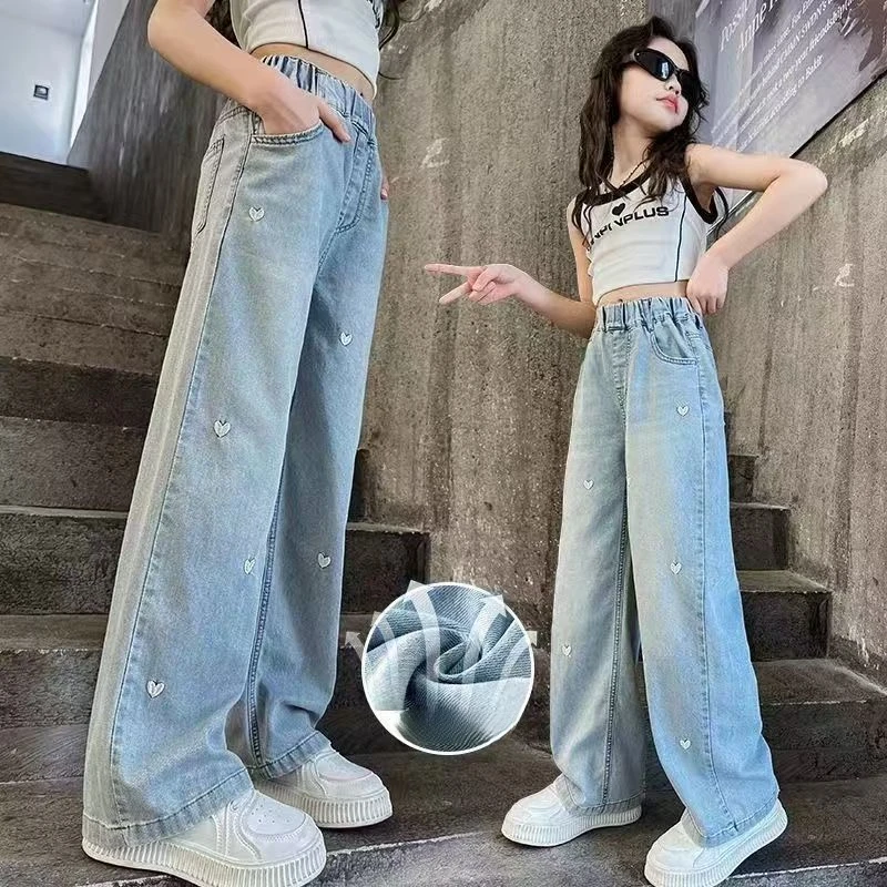 

Girls Summer Pants Thin Tencel Jeans2025New Summer Straight Wide Leg Children's Clothes