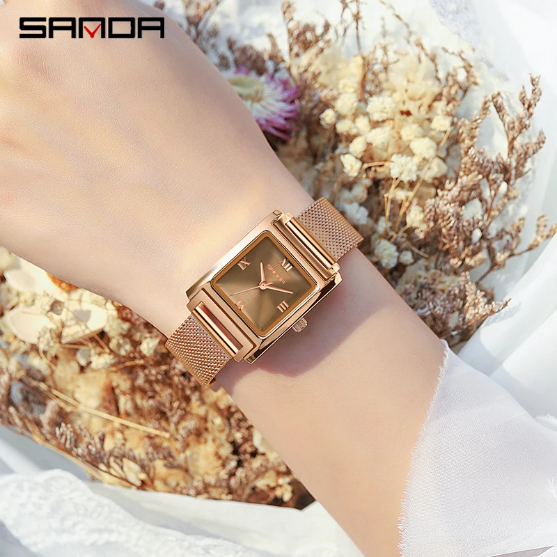 Fashion Sanda Top Brand 1067 New Japan Quartz Movement Red Dial Roman Square Leather And Mesh Steel Ladies Rose Gold Wrist Watch