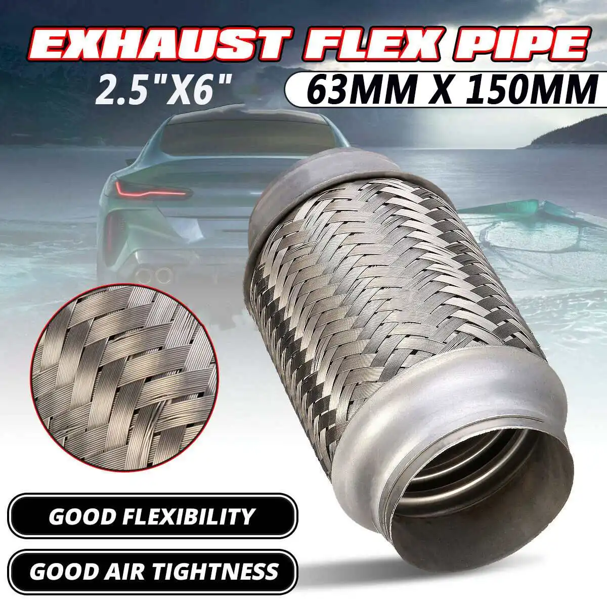 Car Exhaust Tube Telescopic Flexible Connection Braid Bellows Stainless Steel Muffler Pipe Connector Welded Universal 63mmx150mm