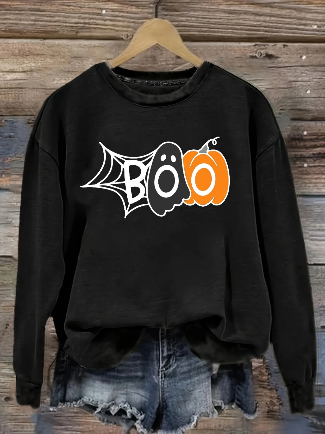 Women's Casual Long Sleeve Crew Neck T-Shirt Boo Ghost Pumpkin Spiderweb Print Design, Round Neck Women's Clothing, Machine Washable, Slightly Elastic, Loose Fit, Spring Autumn Winter Women's T-Shirt, Halloween Costume Outfit