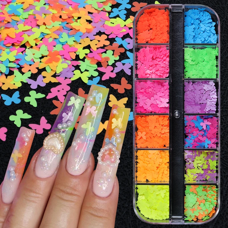 

Fluorescent Butterfly Nail Sequins Colorful Neon 3D Flakes Paillette Manicure Nail Supplies For Professionals Kawaii Accessories