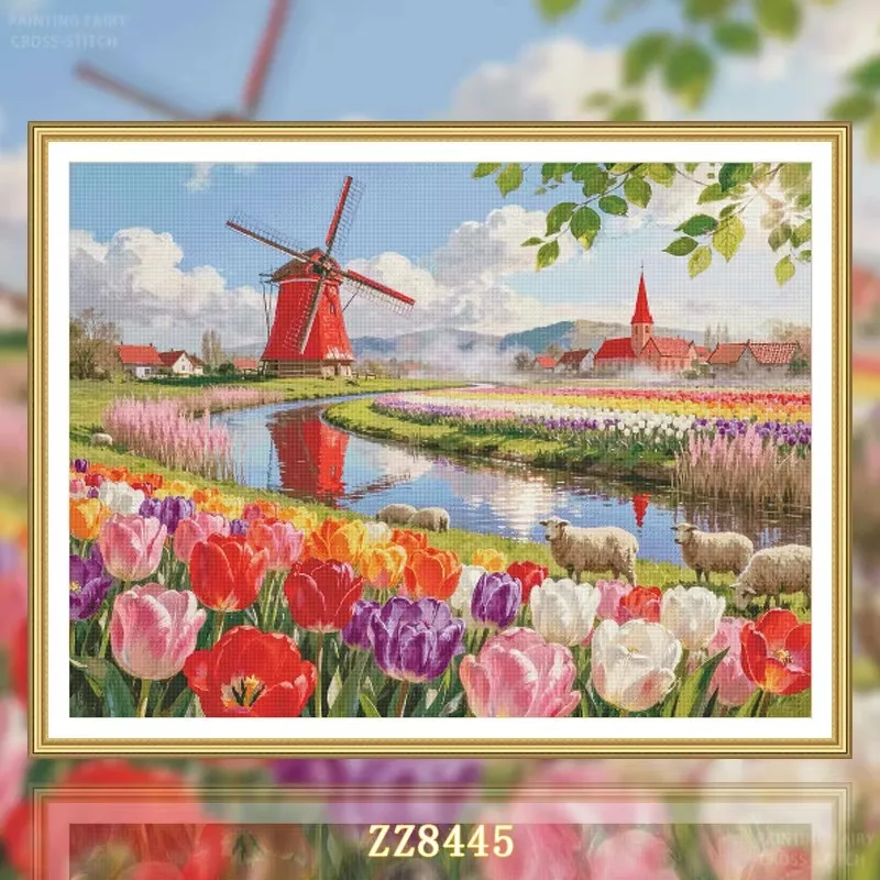 

ZZ8445 Windmill Tulip 14CT 16CT 18CT Stamped Canvas Cross Stitch DIY Set Needlework Embroidery 139 Colors