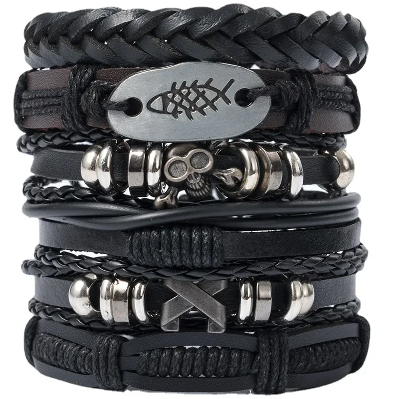 4/5/6pcs Evil Eye Wing Star Skull Diy Braided Punk Style Bracelet Set, Featuring Pu Leather And Beads Bracelet