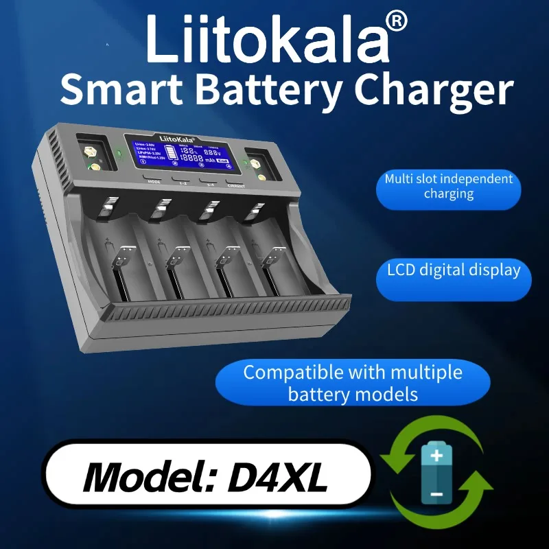 LiitoKala Lii-D4XL Smart Battery Charger for 32700 26650 18650 21700 18500 14500 16340 AA AAA - Li-ion Ni-MH Compatible Charger