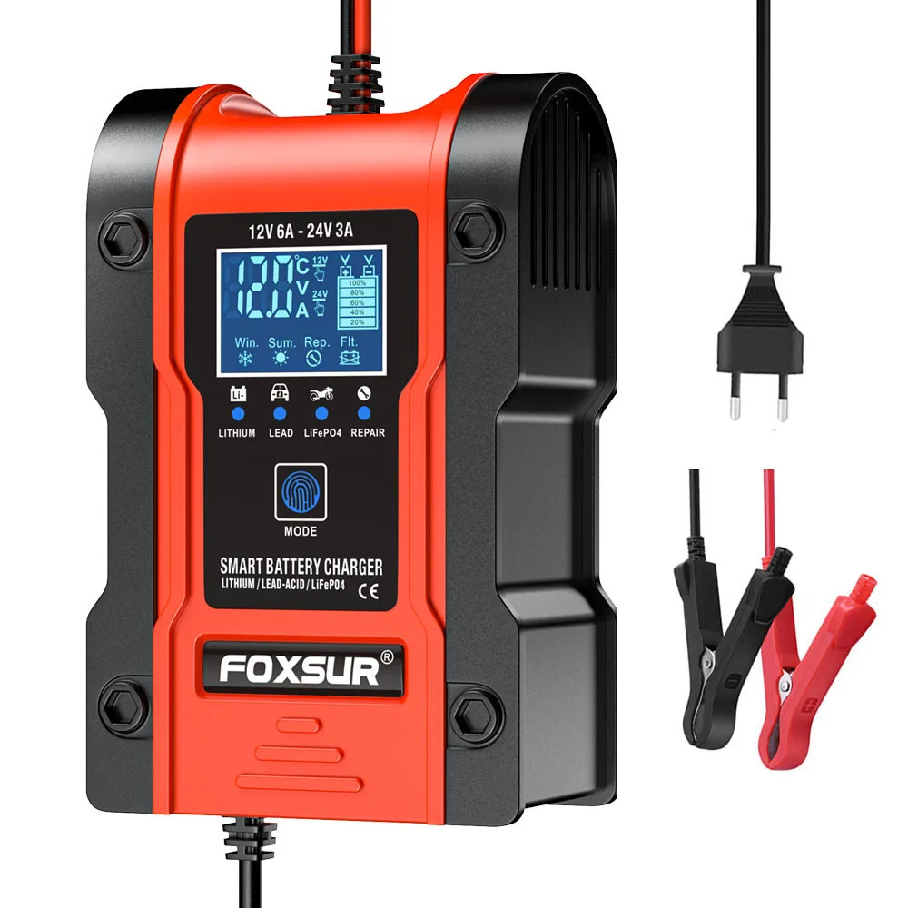 FOXSUR 12V 6A Pulse Repairing Charger with LCD Display Motorcycle & Car Battery Charger AGM GEL WET Lithium Battery Charger