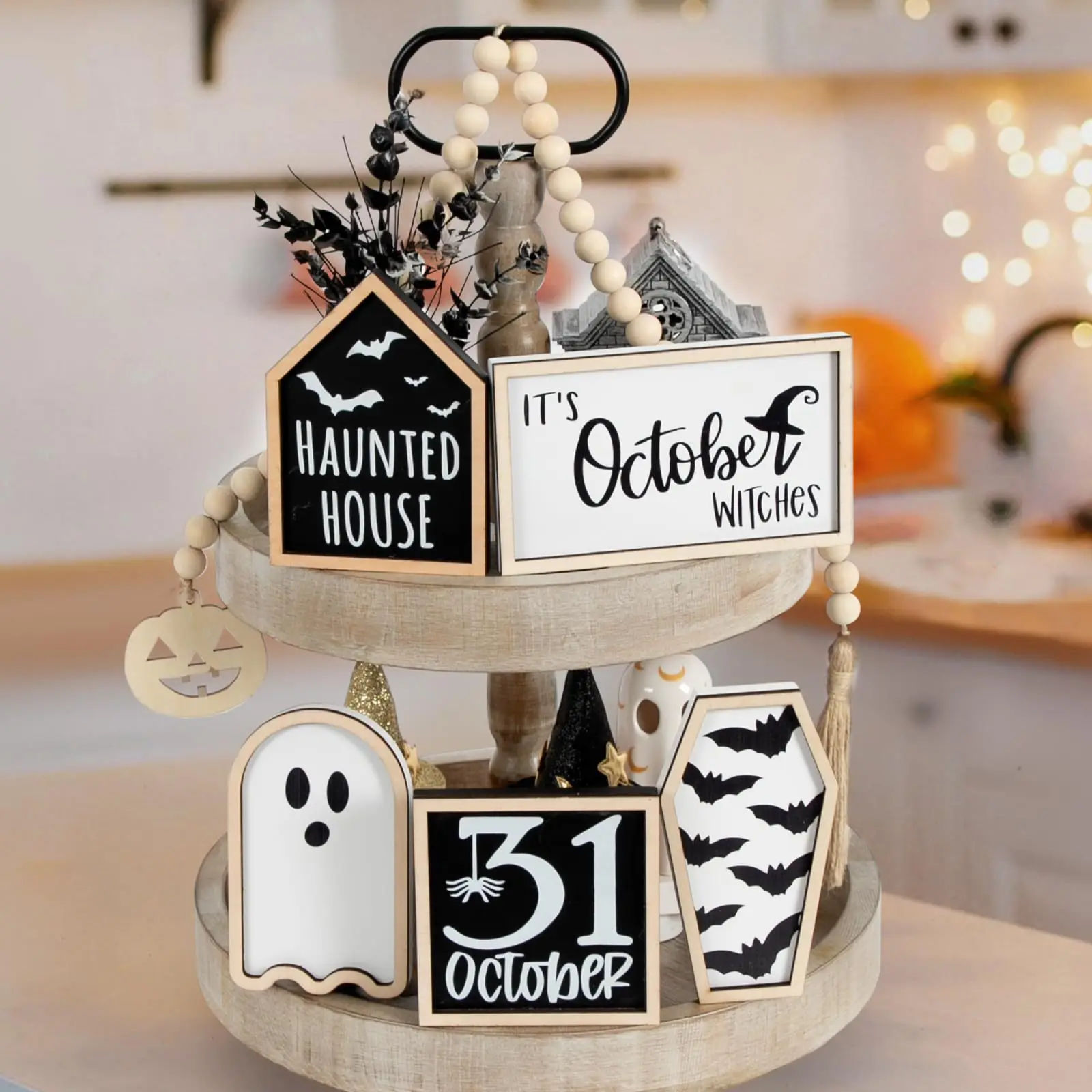 6Pcs Halloween Tiered Tray Decor Set Cute Wooden Black Orange Tray Wooden Sign Ghost Wooden Halloween Theme Party Home Decor