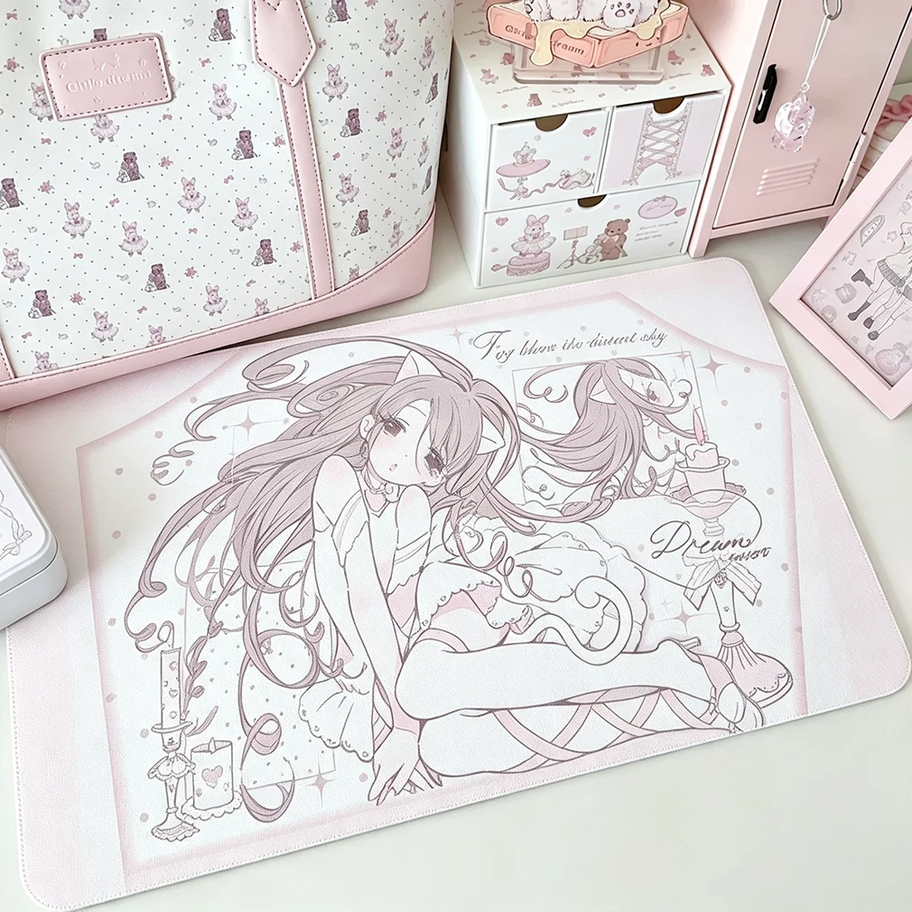 Polka Dots Pink Girl Long Hair Sexy Leather Desk Pad Protector Y2K Mouse Pad Office Desk Mat Non-Slip PU Desk Blotter Pad