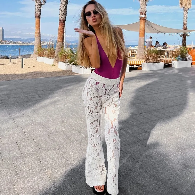 

2024 Summer Elegant Lace Jacquard See Through Flare Pants Women Solid White High Waist Casual Vacation Beach Streetwear Trousers