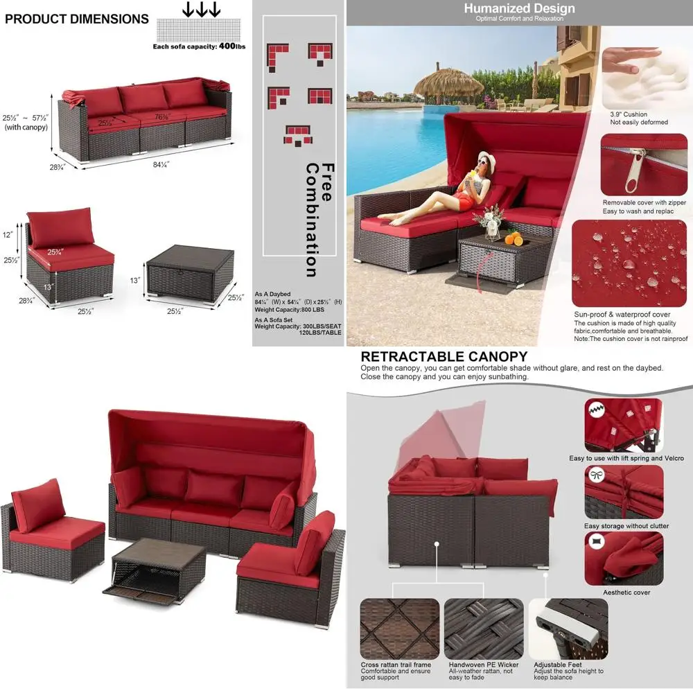 

6 Pieces Patio urniture Sets, Rattan Daybed with Retractable , Outdoor Sectional Soa Set with Adjustable Backrest, Chaise Chair