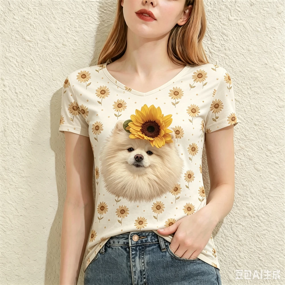 Cute Dog Print Women's T-shirts Summer Casual V-neck Short Sleeve Top 3D Flower Pattern Female Clothing Fashion Loose Girl Tees