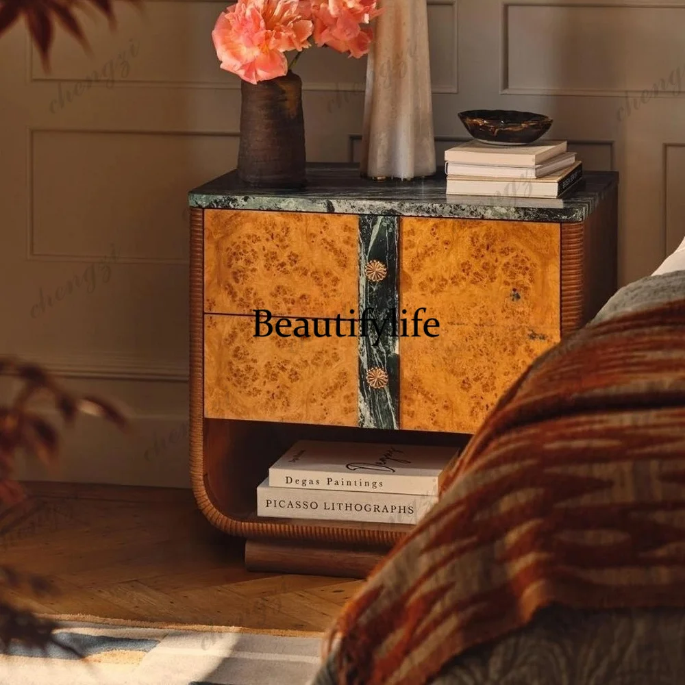 Medieval retro tree tumor pattern solid wood bedside table designer creative marble countertop high-end art storage cabinet