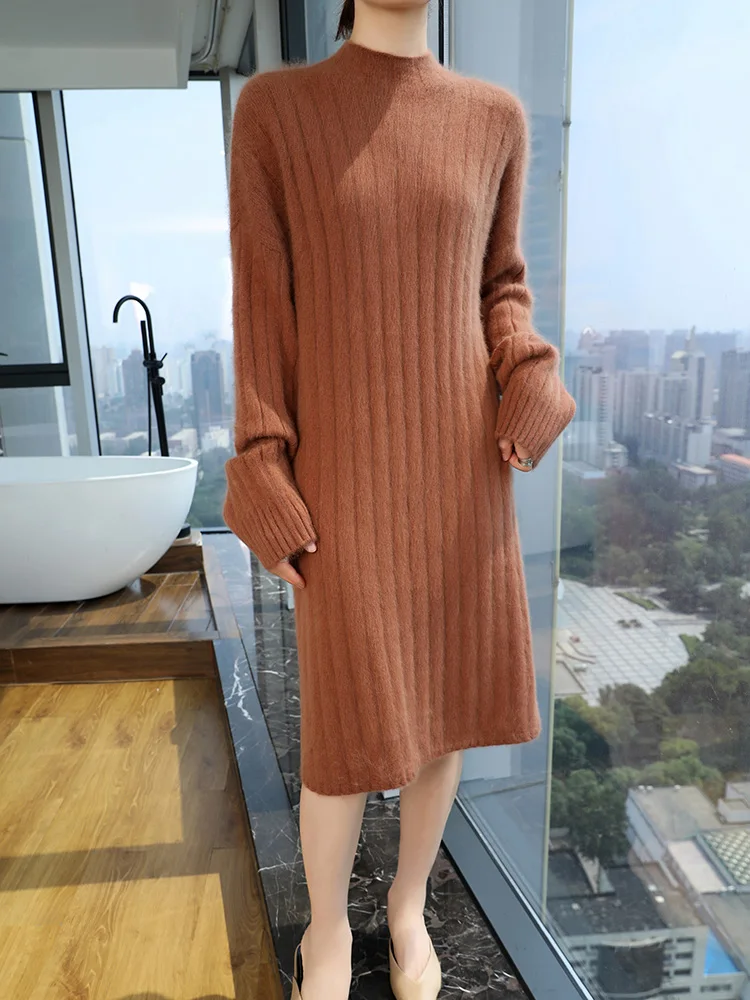 Women\'s Sweater Cashmere Dress Mock Neck Pullover 100% Mink Cashmere Knitwear Office Lady Autumn Winter Long Sleeve Thick Skirts