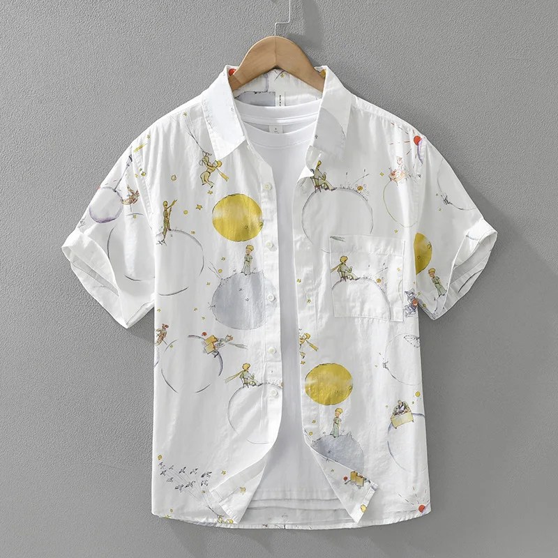 2025 Summer men's fashionable versatile collar with button design, casual loose top, cartoon print, fresh short sleeved shirt