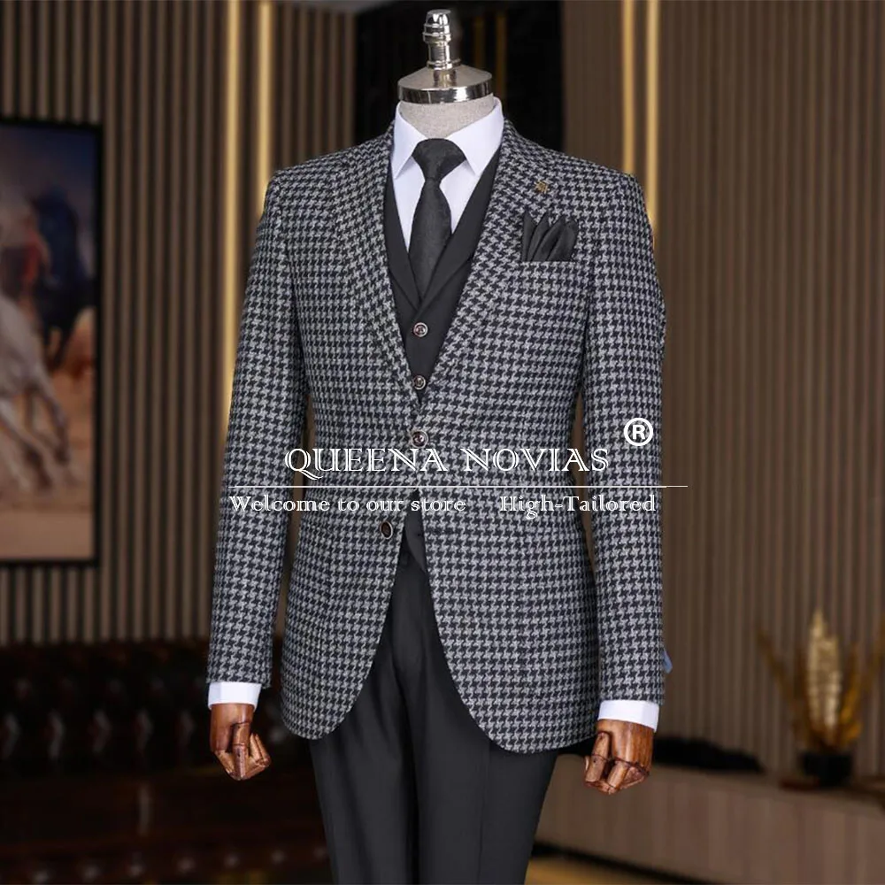 

Классические мужские костюмы с узором «гусиные лапки», приталенные однобортные свадебные смокинги для жениха, комплекты из 3 предметов, деловой мужской пиджак, костюм Homme