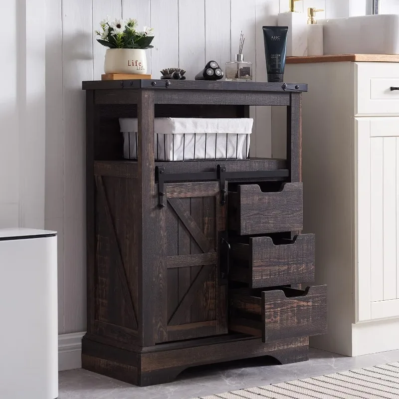 

Bathroom Floor Cabinet, Farmhouse Storage Cabinet with Sliding Barn Door & Storage Drawers, Small Storage Cabinet for Bathroom