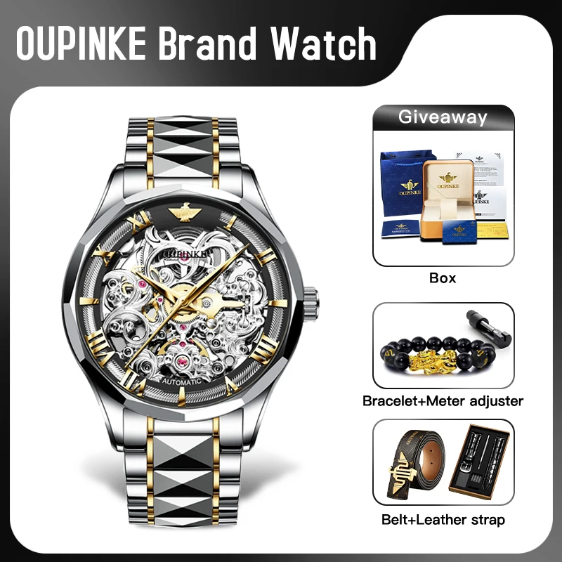 OUPINKE 3168 Mens Watch Original Luxury Automatic Mechanical Watch 50M Hollowing Out Movement Waterproof Luminous Watch With Box