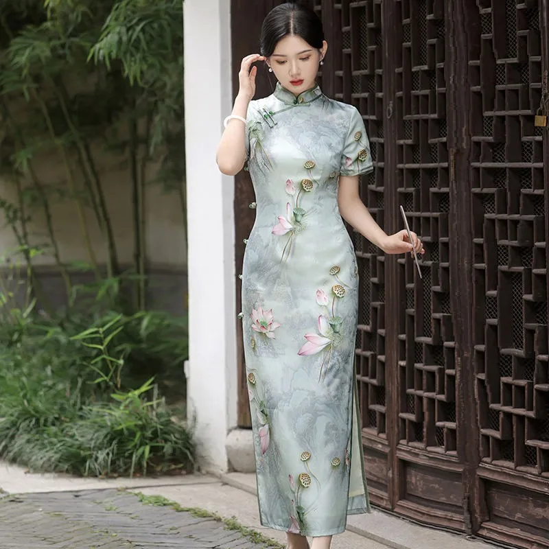 In 2024 The New Cheongsam Improved Girls Summer New Hualuo Double-layer Long Temperament Retro New Chinese Cheongsam Dress