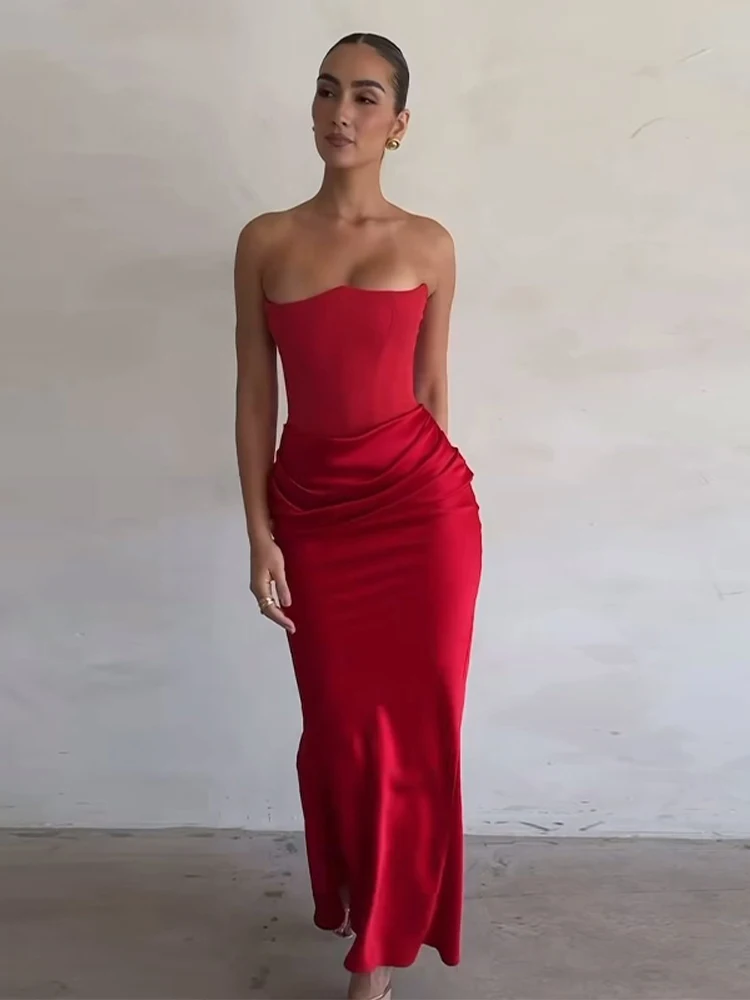 Elegant Red Off-shoulder Strapless Sexy Maxi Dress Women Fashion High Waist Pleated Vestidos New Female Evening Party Dresses