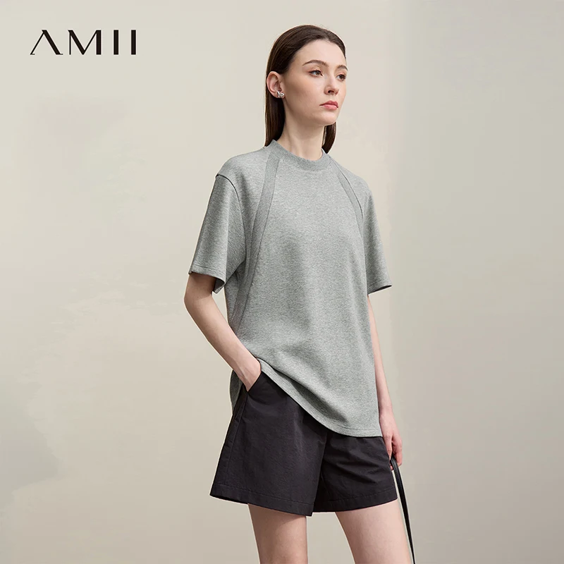 

Amii Women's Tee Shirt 2026 Summer New O-Neck Stretch Cotton T-shirt Women Basic Ribbed Trim Versatile Short Sleeve Top 12622162
