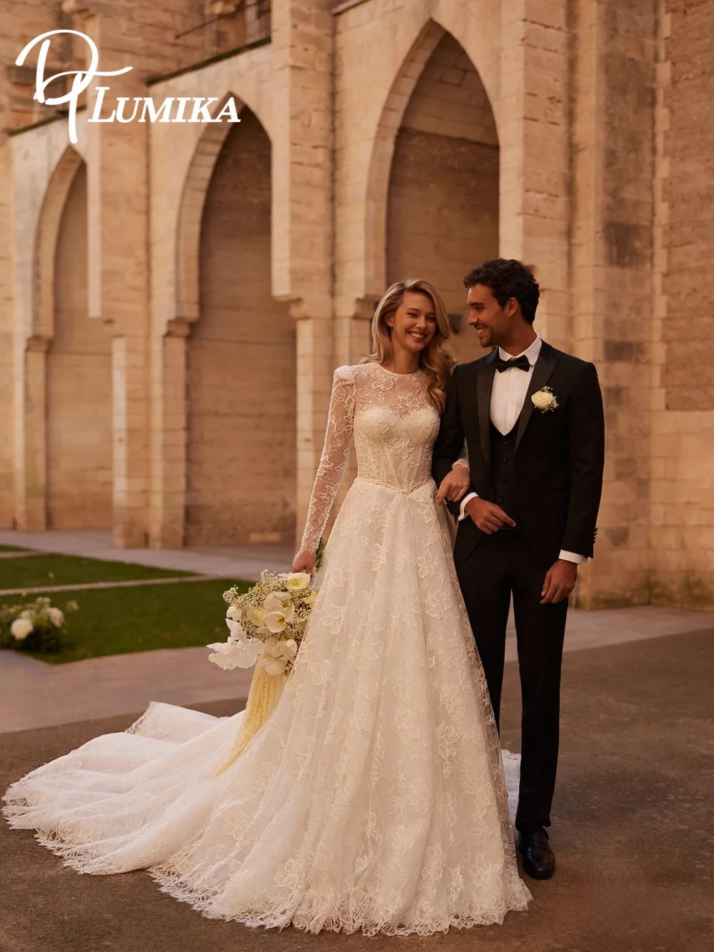 فستان زفاف كلاسيكي مزين 2026 كلاسيكي بأكمام طويلة فستان زفاف الكنيسة أنيق على شكل حرف a تول طول الأرض مخصص