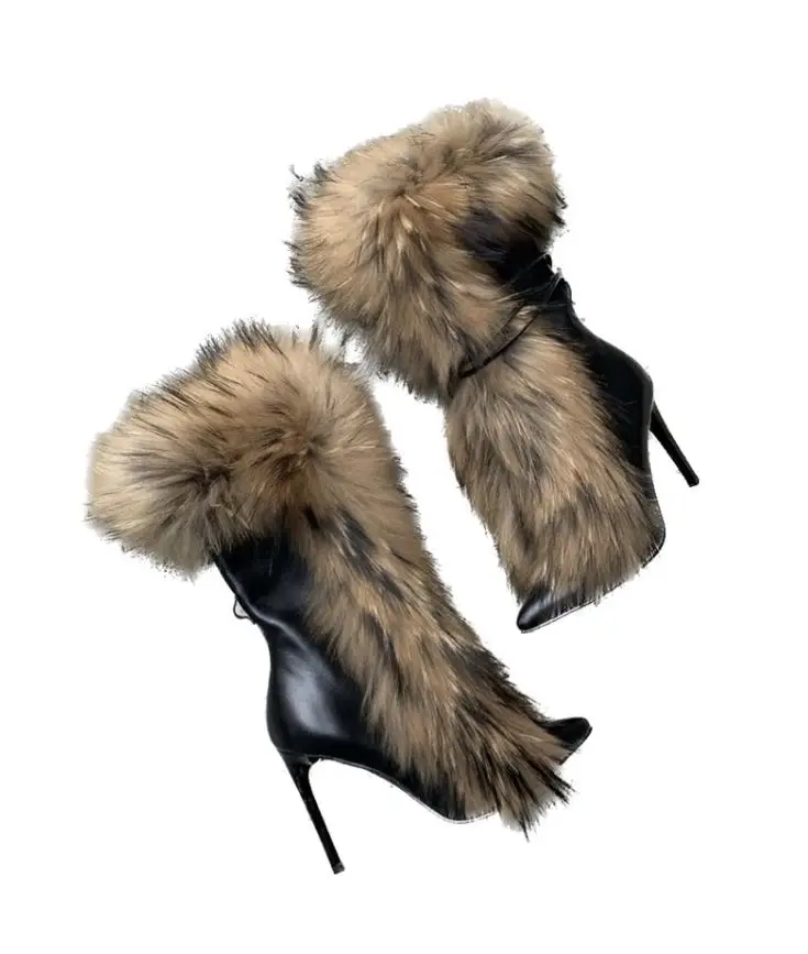 Fur Pointed Toe Black Leather Mid Calf Boots Women Sexy Thin High Heels Short Boot Big Size Lady Winter New Designer Shoes