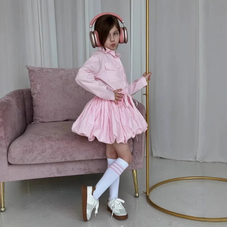 2025 Russian Girls Spring and Autumn Cotton Striped American Lace Up Shirt Half Skirt Children Two Piece Set