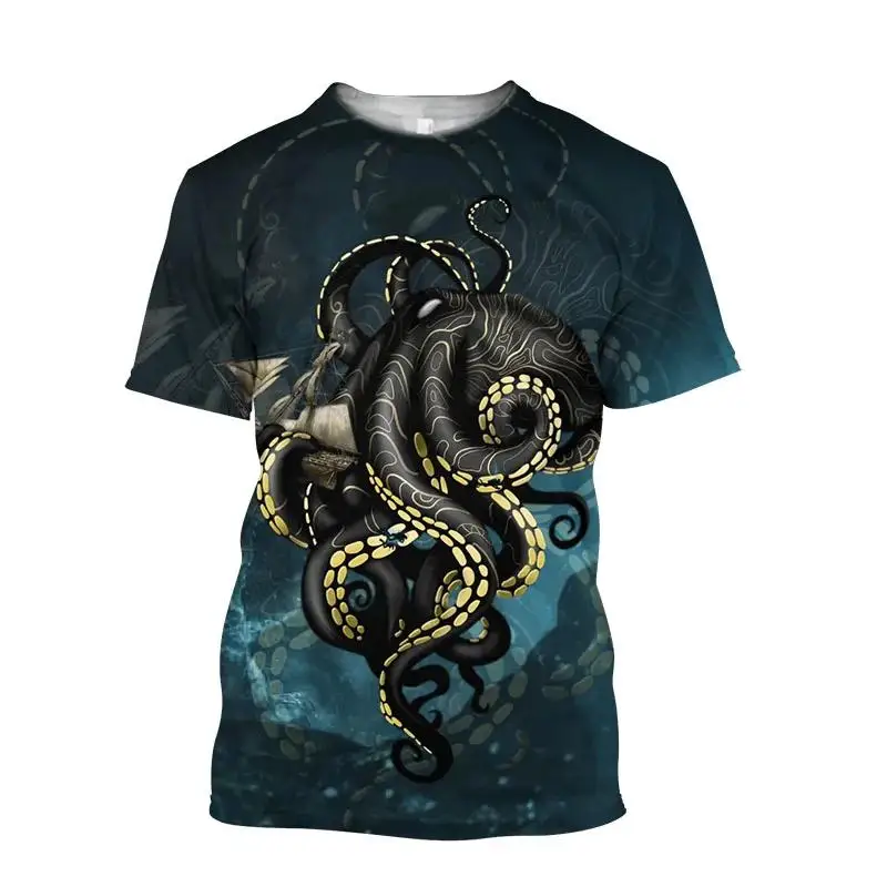 Fashionable Octopus Pictures For Men\'s T-Shirts Trend Digital Printing Casual Round Neck Short Sleeved Tops