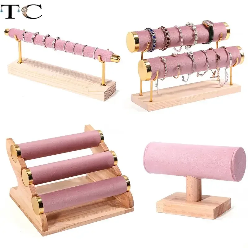 

Деревянная розовая бархатная подставка для ювелирных изделий, браслет, часы, ожерелье, кулон, кольцо, нефритовый браслет, подставка для хранения