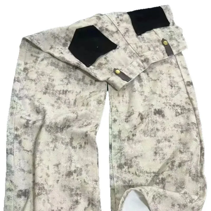 2025 Nuevos pantalones de pierna ancha con estampado Tie-dye americano MM Ropa exterior simple de cintura alta que muestra pantalones de piso drapeados altos