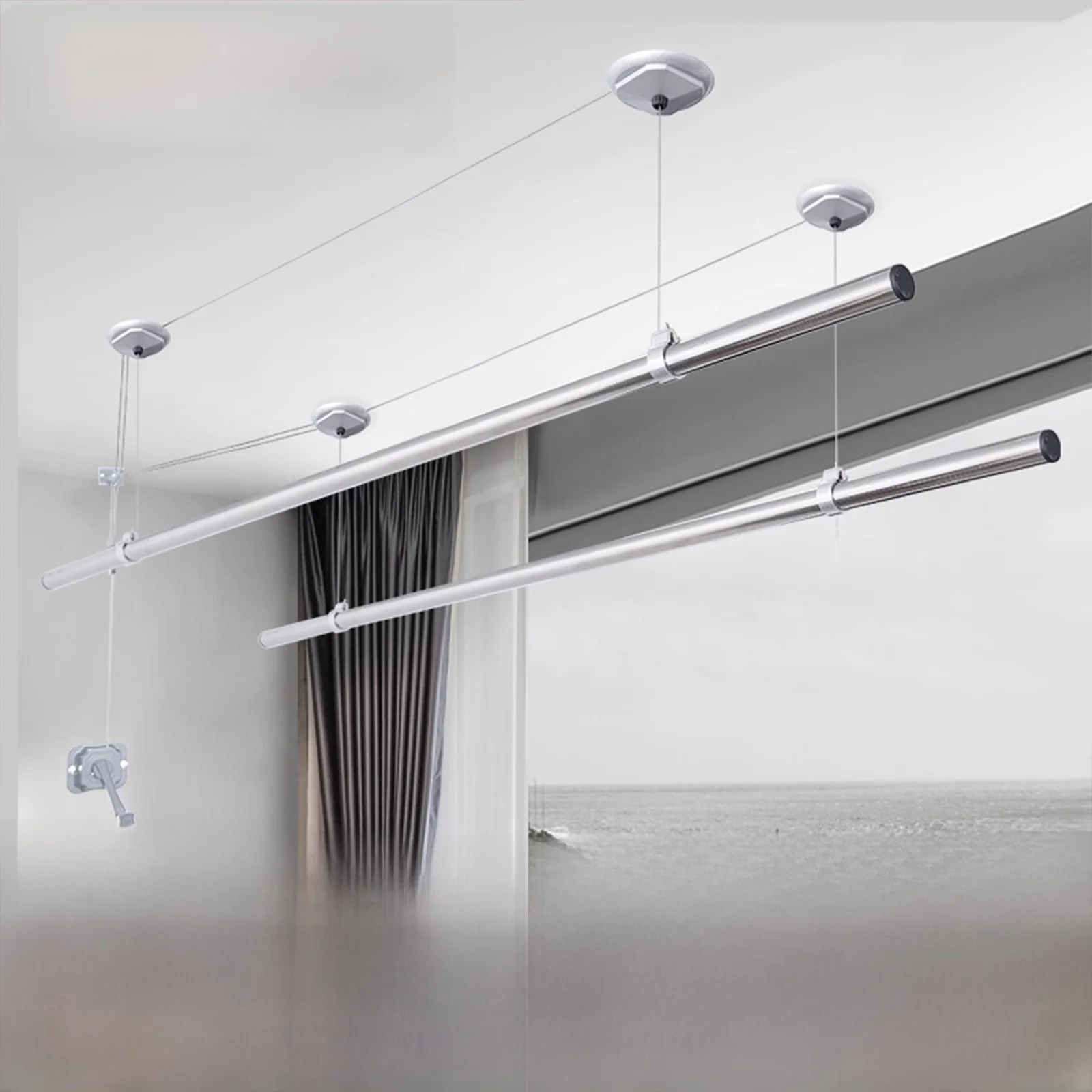 

Adjustable Height 304 Stainl Steel Clothesline Single Double Rod Top Mount Balcony Clothes Drng Ra Home Use Laundry Dr...