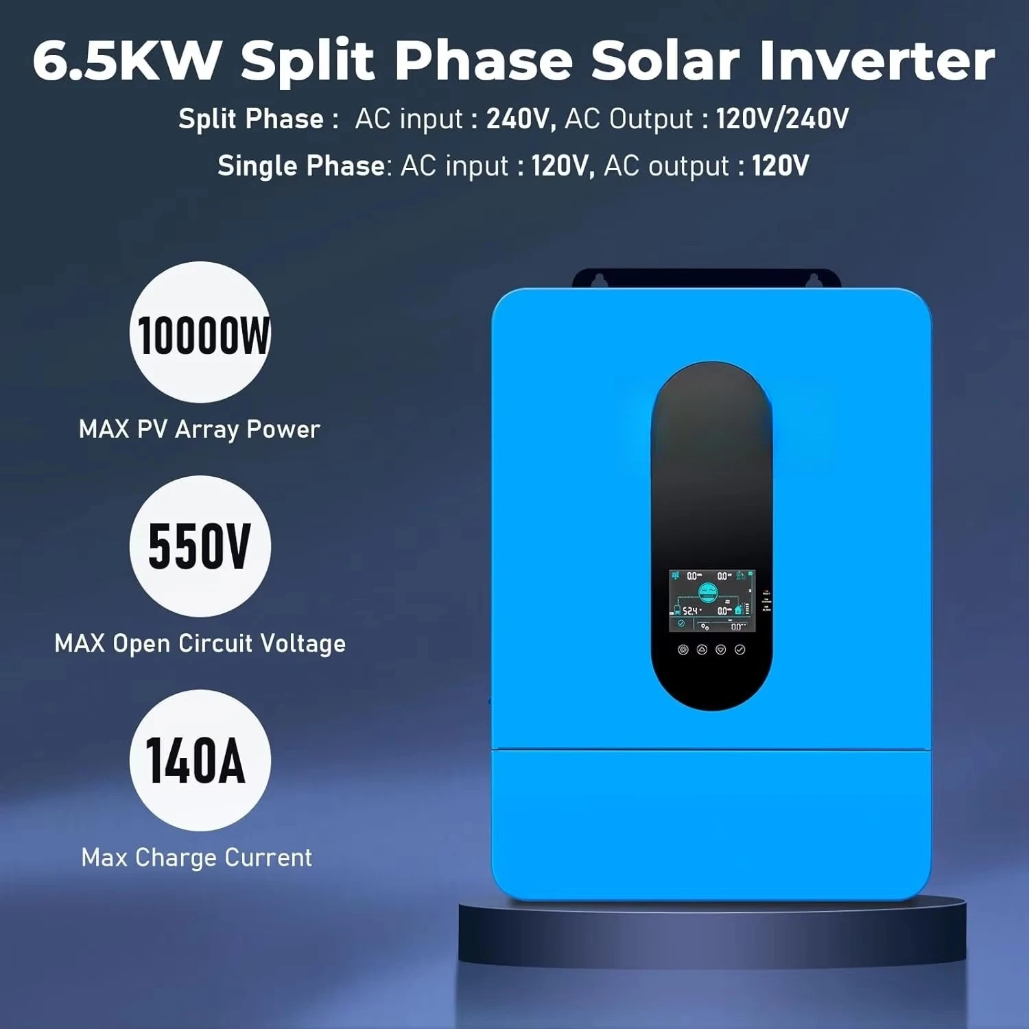 6500W DC 48V Split Phase Solar Inverter,120V/240V AC Input/Output (settable), Built-in 2 MPPT Solar Controllers