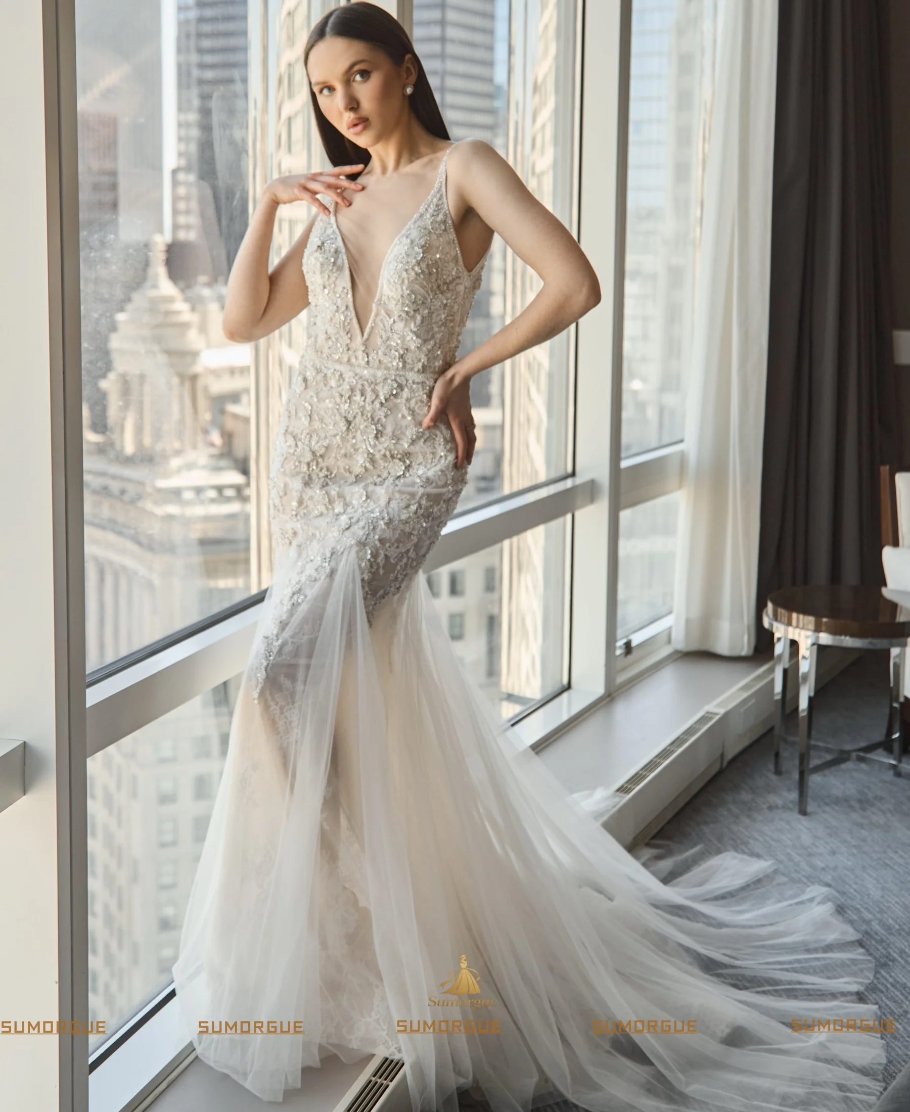 Mermaid Graceful Wedding Dresses V-Neck Sleeveless Lace Embroidery Sexy Sheath Bridal Gown highend Customized Vestidos De Novia