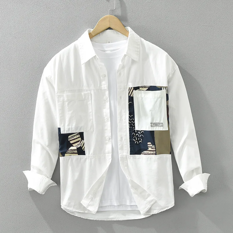 

Korean Fashion Long Sleeve White Shirt Men Spring Streetwear Casual 100% Cotton Clothing Patchwork Printed Shirt Youth New Tops