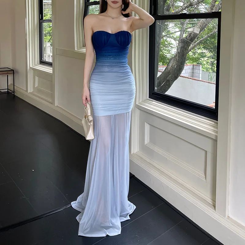 

Элегантные женские длинные платья Сетчатое платье без бретелек Летнее платье «рыбий хвост» Платье для выпускного вечера 프롬드레스 Vestidos De Noche Robes Bal De Promo