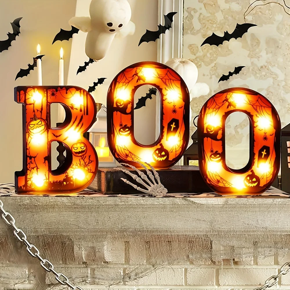 3 LED Light Up Letters Boo Indoor Halloween Decorations Room Wall Decoration Warm Light Battery Operated Letters