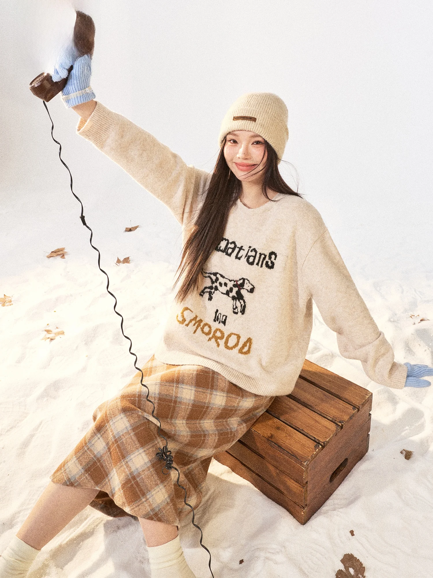 

plus Size Winter Outfit in Khaki with Dog Patterned Sweater And Plaid Skirt Korean Sle Faion for plus Size Women