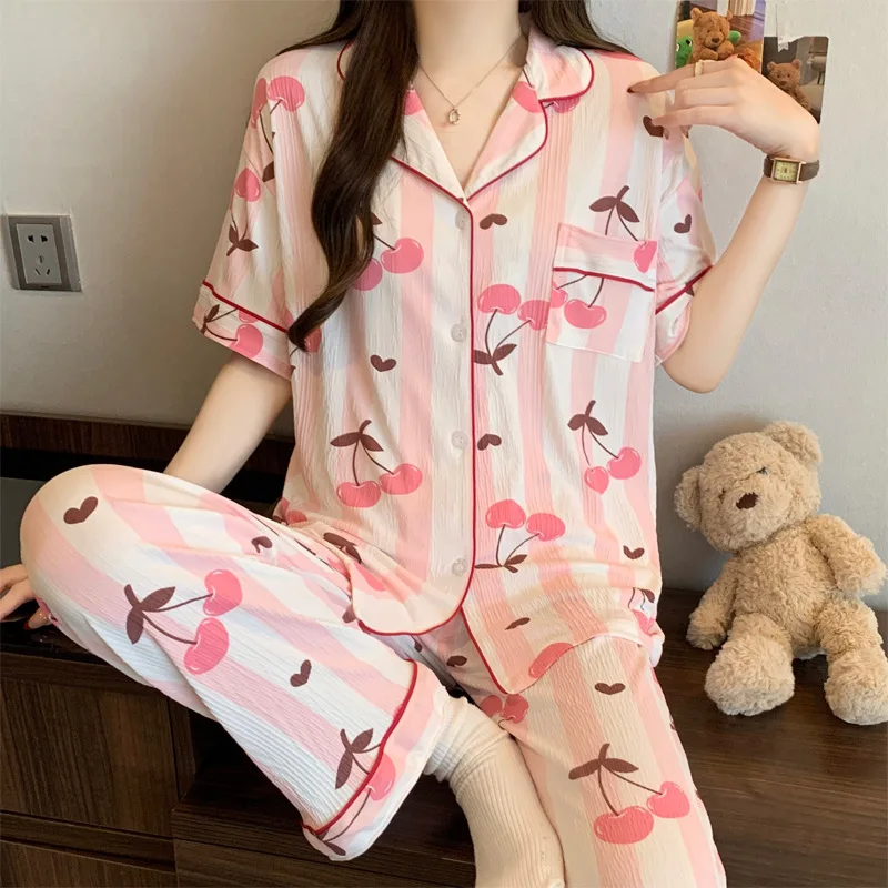 Sweet Girl Wrinkle-Resistant New Short-Sleeve Long-Pants Pajamas Summer Lightweight Striped High-Fashion Women's Homewear Set