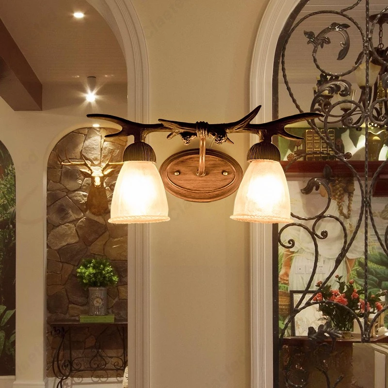 

European Creative Retro LED Antler Wall Lamp Bar Living Room Corridor Stairs Bedroom Bedside Decorative Lighting