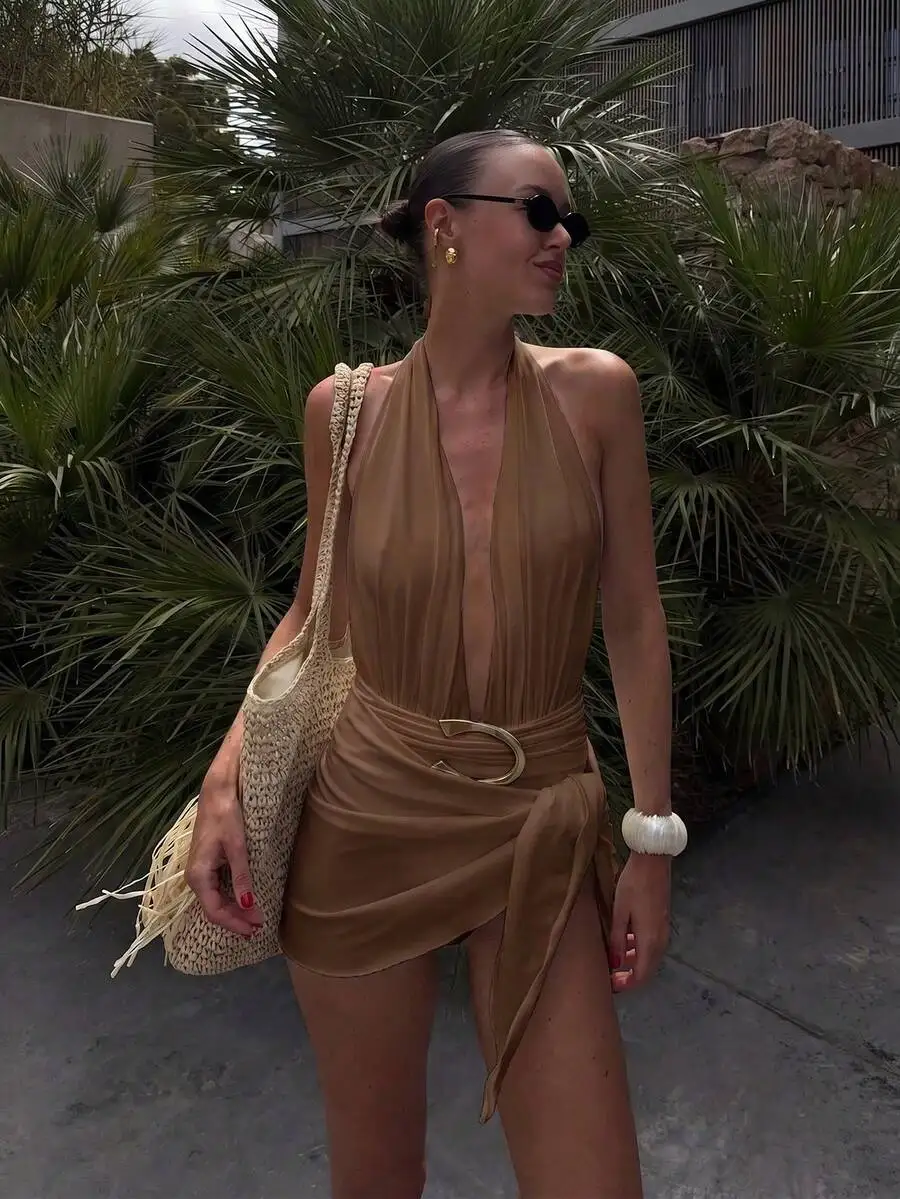 

Womens Beige Halter Deep V-Neck Wrap Dress With Metal Buckle Waist, Resort Beach Party Wear