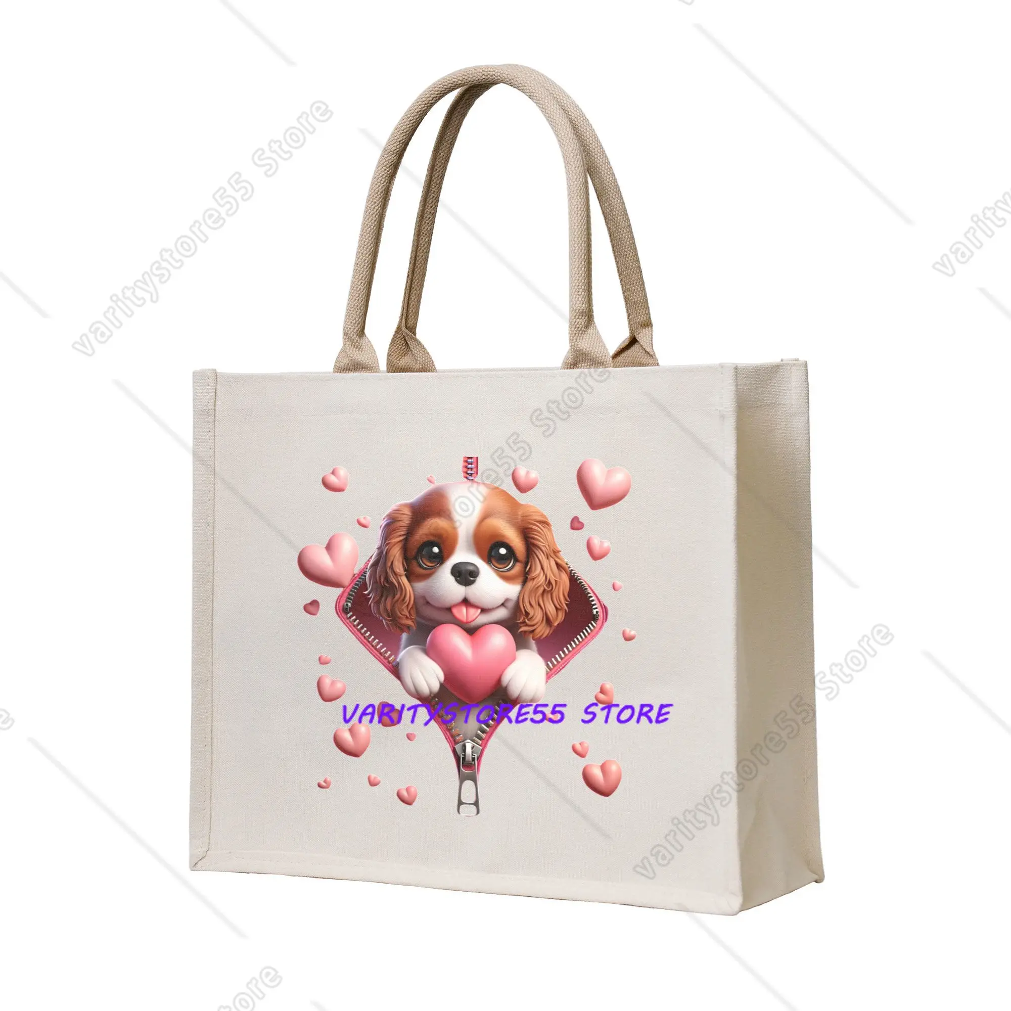 Dog The Cavalier King Charles Spaniel  Groceries Shopping Bag Shopper Shoulder Tote Bags Big Capacity Portable Puppy  Handbag