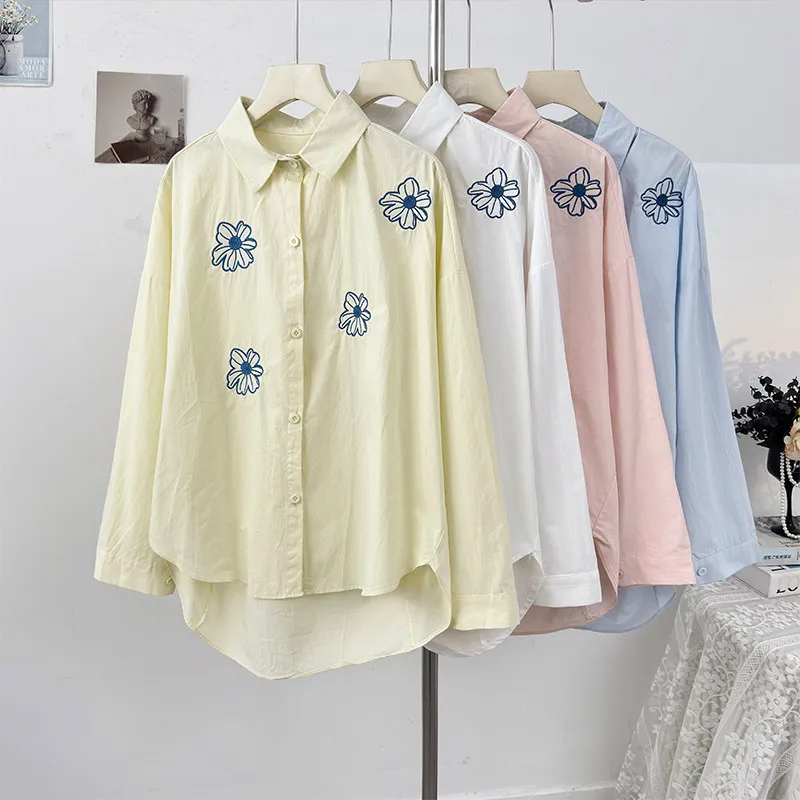 

Модная женская рубашка с цветочной вышивкой, средней длины, с длинным рукавом, отложным воротником, весна 2026, свободный крой, однобортная, топ-пальто