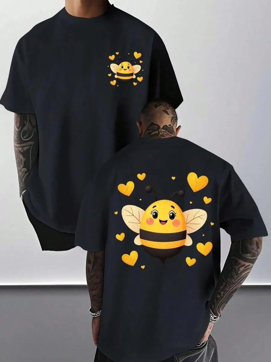 Camiseta Blanca para Hombre con Lindos Dibujos de Abejas y Corazones - Manga Corta, Cuello Redondo, Casual, con Estampado de Abeja Sonriente Amarilla y Rayas Negras en la Espalda, Diseño de Abeja de Espalda a Espalda