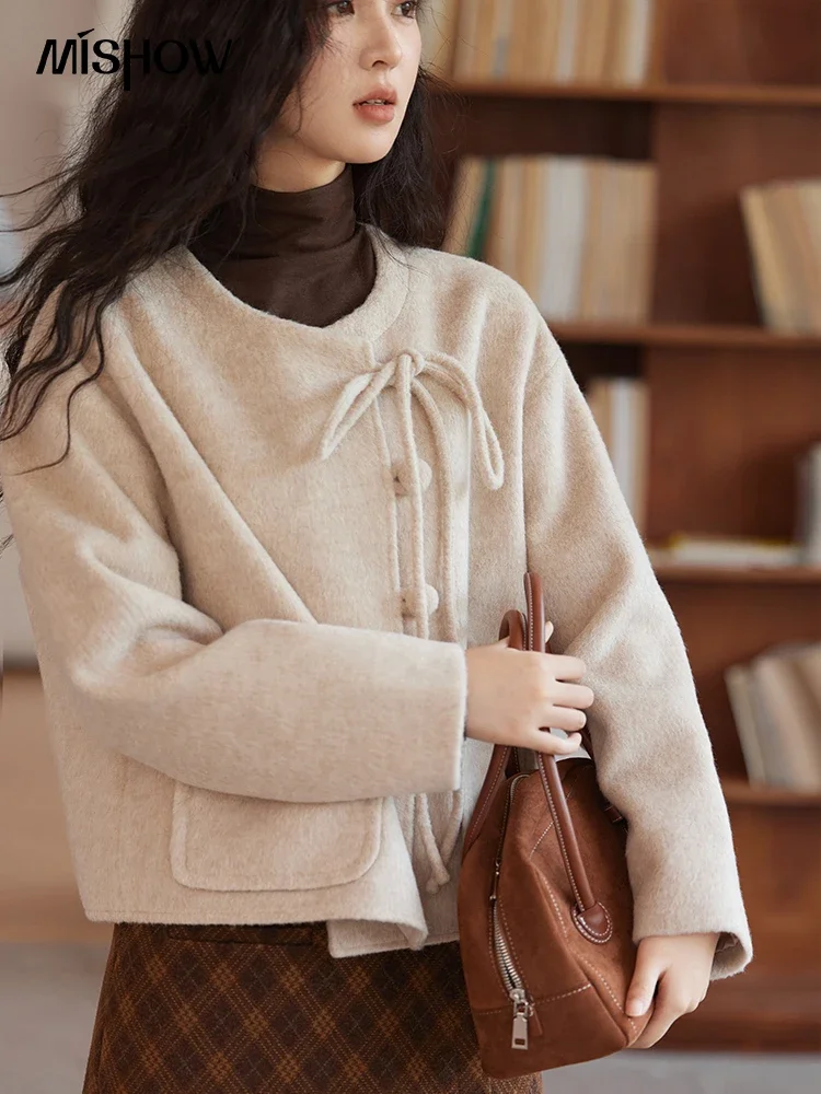 MISHOW Apricot Tweed Jacket Women O-Neck Lace Up Bow Coat 2024 Autumn Winter Korean Fashion Gentle Simple Short Coat MXD56W0531