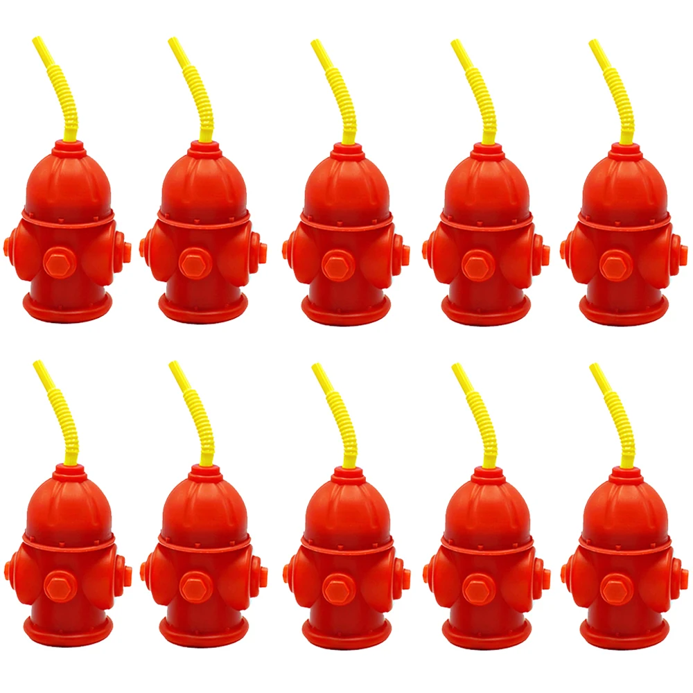 10 Packs Fire Hydrant Straw Cups With Lids Reusable Red Plastic Fire Truck Straws Cups Firefighter Birthday Party Favors for Kid