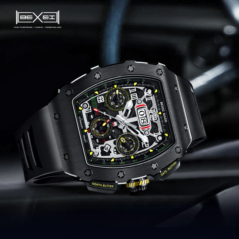 BEXEI 2025 Automatic mechanical movement Fashion  Luxury watch for men skeleton synthetic sapphire waterproof   Reserve 45H