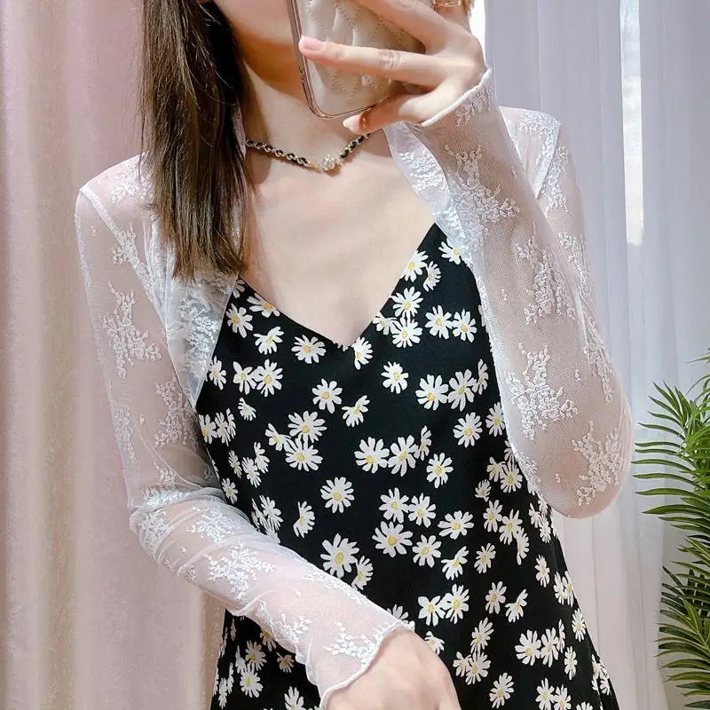 Sommer dünne lange Sve Spitze offene Strickjacke Me Cover up Sexy High-End-Bluse Damen Faion Commute Sle koreanische Version Sl...